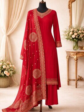 Elegant Red Kurta Set with Gold Embroidered Dupatta (3-Piece Festive Wear)- new